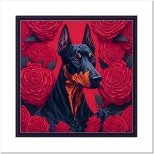 Dogs, doberman and flowers, dog, seamless print, style vector (red version 2 doberman) Posters and Art